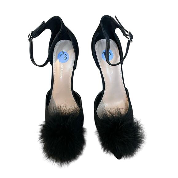 NEW BCBGeneration Abiny Feather Pom Pom Heels Black Pointy Ankle Strap Stiletto - Picture 4 of 7